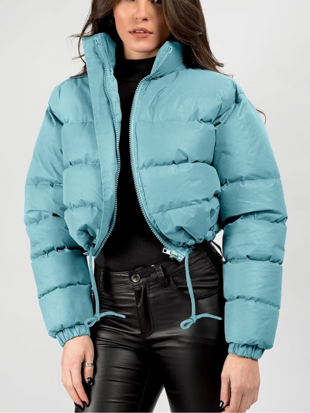 Cropped Light Teal Puffer Jacket - Women's